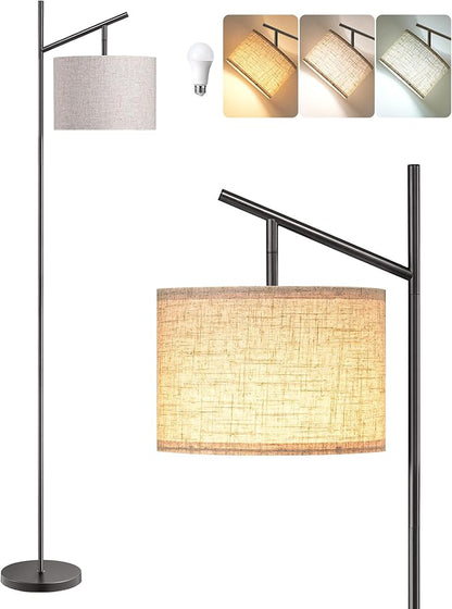 EDISHINE Modern Floor Lamps for Living Room, 64.7" Minimalist Standing Lamp with 3 Color Temperatures Bulb & Adjustable Linen Shade, Foot Pedal Switch, Arc Tall Lamp for Bedroom Office, Black