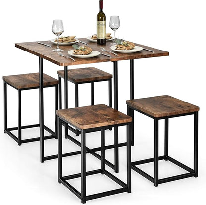 Giantex 5 Piece Dining Table Set, Dining Set for 4 with Square Stools, Small Kitchen Table Set with Metal Frame, Compact Design for Small Space, Home Kitchen Bar Pub Apartment