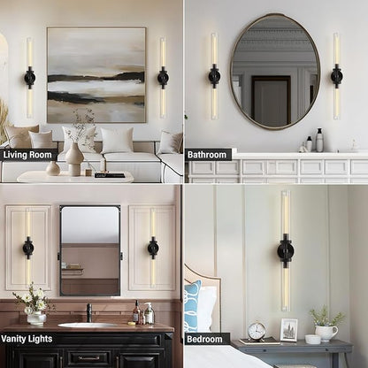 Brass Wall Sconces, 30in Black 2-Light Double Glass Sconces Wall Lighting, Bathroom Knurled Vanity Light Sconces, Wall Lights for Living Room Bedroom（Including Bulb）