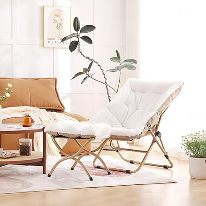Givjoy Comfy Folded Chair with Ottoman, Oversized Folding Faux Fur Chair Soft Furry Lounge Lazy Chair with Metal Frame Moon Chair Accent Chair for Bedroom, Living Room, Dorm Rooms