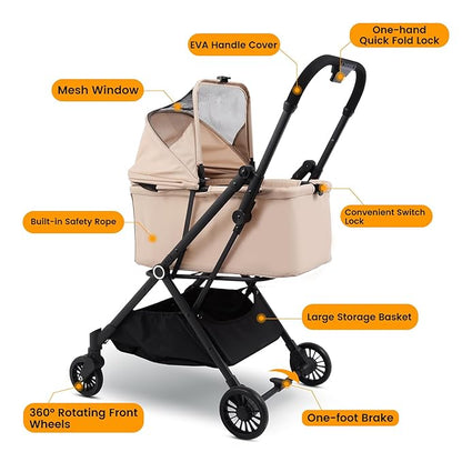4 Wheels Pet Stroller, One-Step Folding Puppy Cage Jogger Stroller with Sun Cover, Pad and Breathable and Visible Mesh for Small/Medium Pets up to 50 lbs