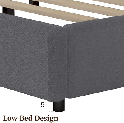 Queen Bed Frame, Upholstered Platform Bed with Headboard, Boucle Bed Frame with Round Conner, No Box Spring Required, Easy Assembly, Grey