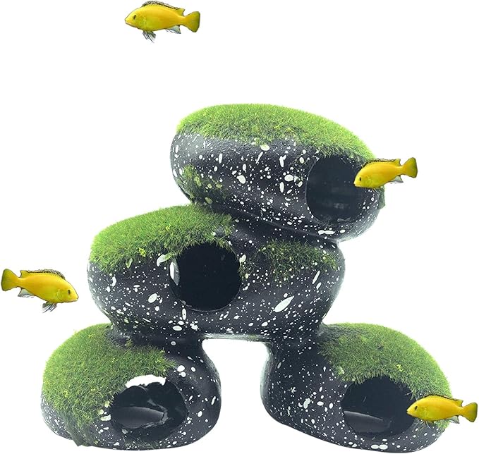 PINVNBY Stone Aquarium Hideaway Decoration Resin Cichlids Rock Decor with Artificial Moss Betta Cave Hideout Shelter Tunnel Fish Tank Ornament for Shrimp,Short Bream and Crayfish(L)