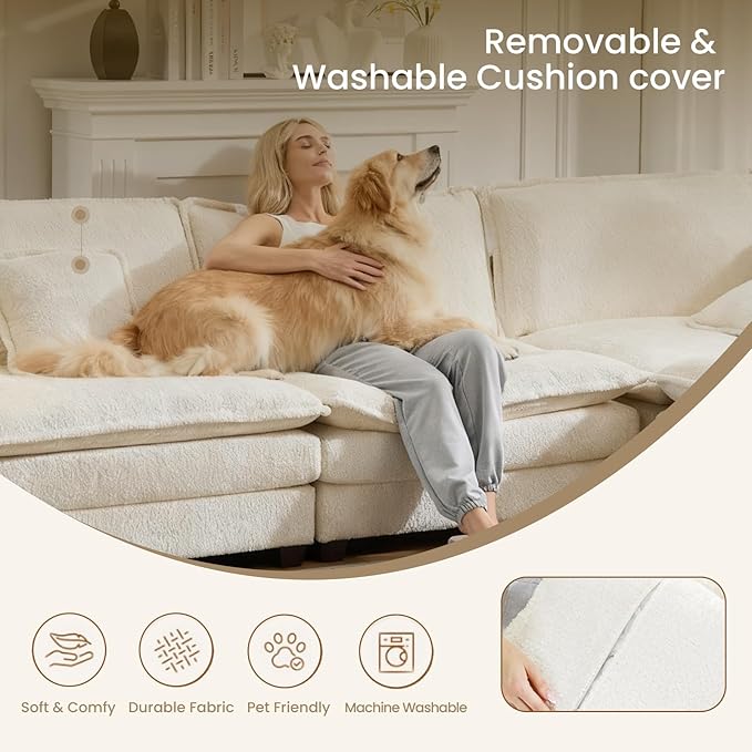 147.8" U Shaped Modular Sectional Sofa, Comfy Cloud Couch with Movable Ottoman, Deep Seat Modular Sofa, Sectional Couches for Living Room, Bedroom, Apartment (Beige)
