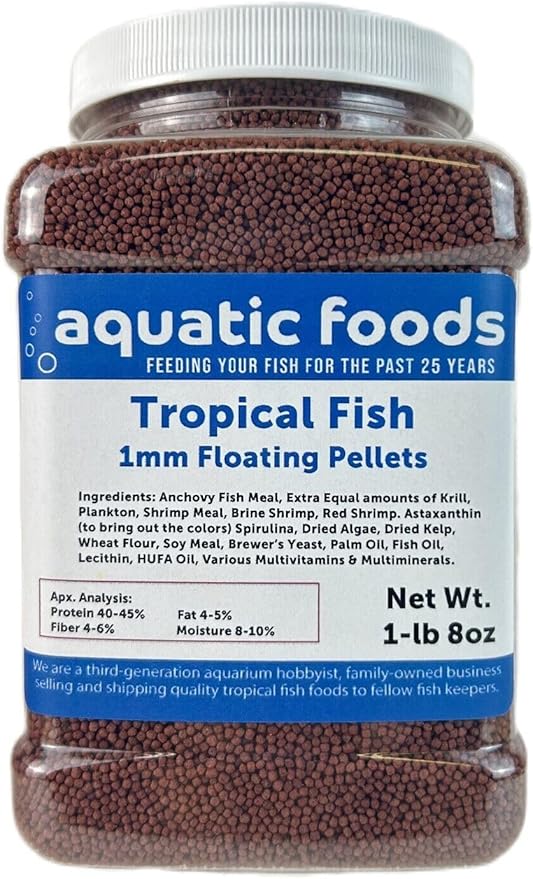 Aquatic Foods Inc. Tropical Fish 1mm - 1/32" Floating 40% Protein Pellets for Discus, Cichlids, Bettas, Guppies, Tetras, Live Bearers, Baby Koi, Smaller Tropical and Pond Fish...WL 1-lb 8oz Med Jar