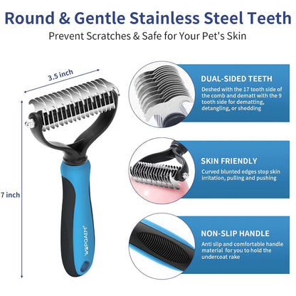 5 in 1 Dog Grooming Kit - Self-Cleaning Slicker Brush for Shedding Short Long Haired Dogs & Cats, Includes Pet Comb, Flea Comb, Bath Brush, Undercoat Rake - Complete Fur Care Set - Blue