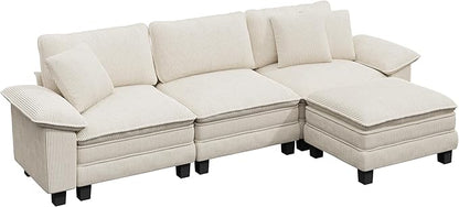MIXPATIO 123-Inch L Shaped Sectional Sofa with Cloud Cushions, Deep Seat Modular Couch Set w/ 4 Seats & 1 Ottomans, Removable Arms, Plush Corduroy Upholstery for Living Room, Apartment - Beige