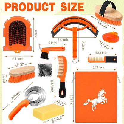 Abbylike 12 Pieces Horse Grooming Kit Racing Festival Tack Room Supplies Horse Brush Sets Equine Care Cleaning Kit Shedding Grooming Massaging Tools(Orange)