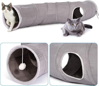 Ownpets S-Shape Cat Tunnel Toy 48"L x 10"D, for Cats, Puppies & Small Pets | Collapsible for storage, tear-resistant oxford fabric, connects to other tunnel, with peek hole, feather wand, indoor/outdoor