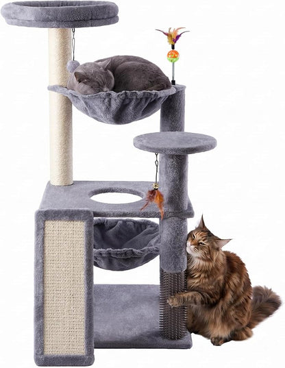 Multi-Level Cat Tree for Indoor Cats, Cat Tree Tower with Big Cat Hammock and Self-Grooming Brush, Cat Tower with Scratch Ladder, Indoor Climbing Activity Tower with Scratching Posts, Grey