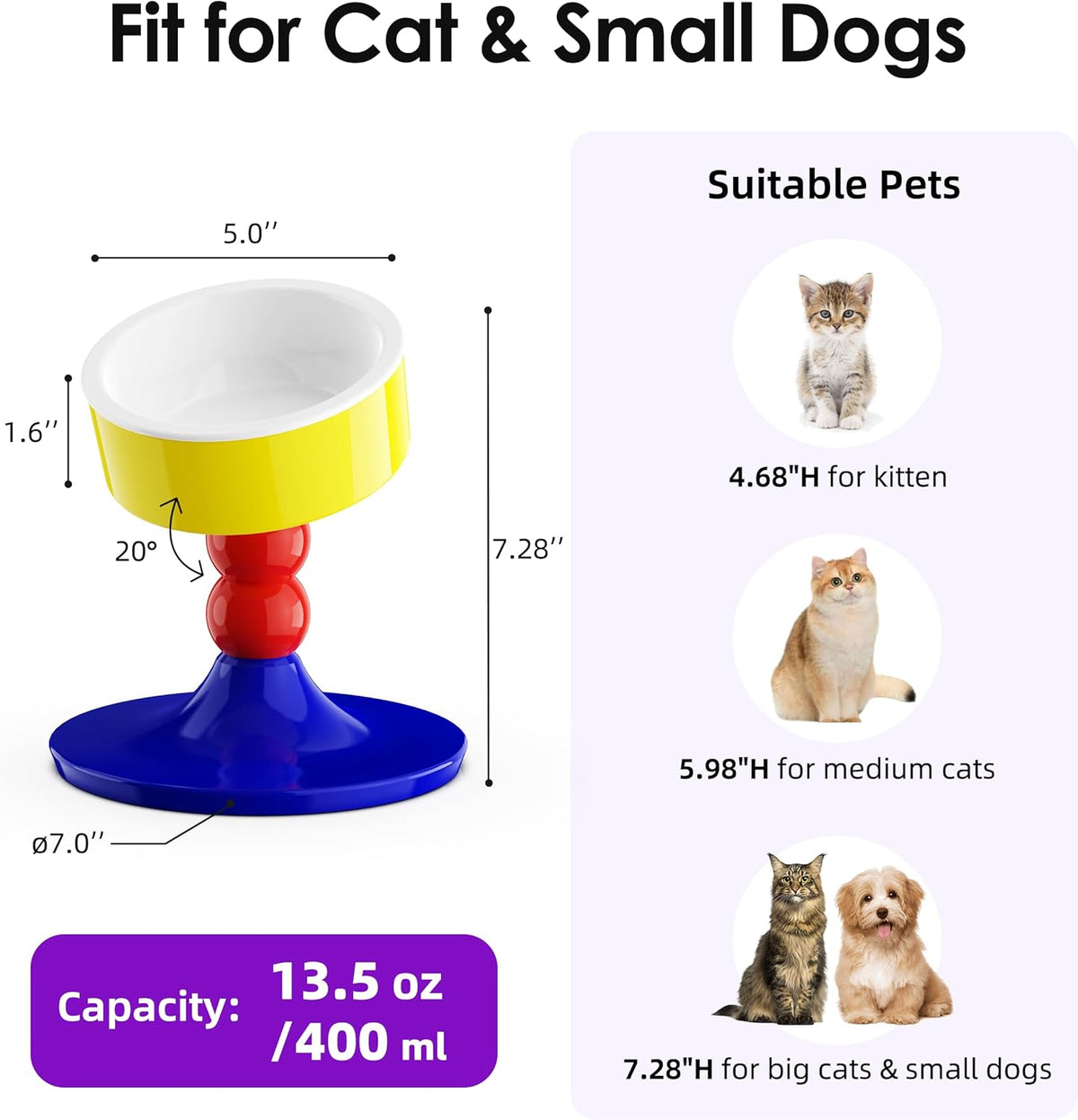 Ceramic Elevated Raised Cat Bowls,Cat Food Dish with Stand, 3 Height Adjustable Raised Dog Bowl Stand for Small Dogs Cats, Adjusts to 4.69", 5.98", 7.28" (Red & Blue)