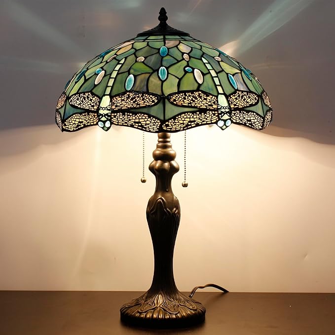 Tiffany Table Lamp Sea Blue Stained Glass Dragonfly Style 16X16X24 Inch Antique Reading Light