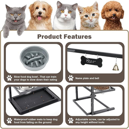Elevated Dog Bowls with Slow Feeder for Large and Medium Dogs, Adjustable Height Raised Dog Bowl Stand with 2 Stainless Steel Bowls and Spill-Proof Mat, Dog Feeder for Healthy Eating (Grey)