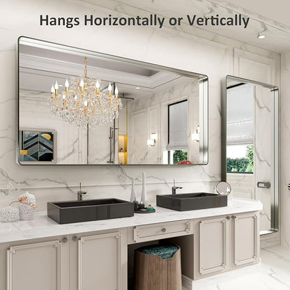 LOAAO 72X32 Inch Brushed Nickel Bathroom Mirror, Rounded Rectangle Silver Metal