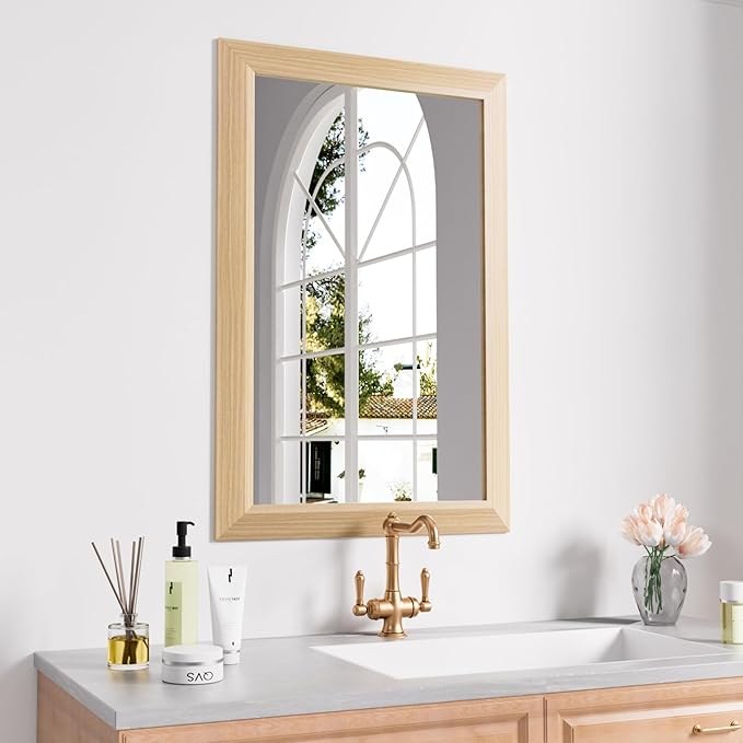 Amorho Bathroom Mirror for Wall, 20X30 Inch Oak Wood Grain Metal Framed Mirror