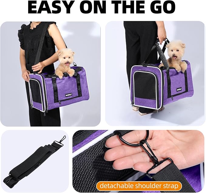 Top Open Medium Cat Carrier Roll Up Flap, Delta Approved TSA Pet Travel Crate Suitcase Luggage Sleeve, Soft-Sided Dog Kennel Bag 18"x11"x11" United, American Airline Under Plane Seat Purple