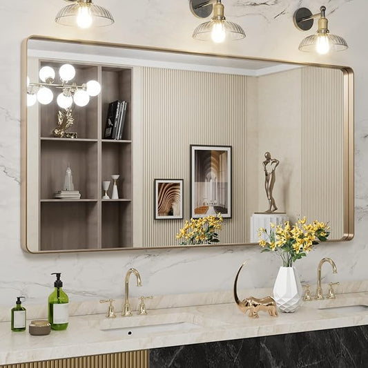 LOAAO 60”X30” Gold Bathroom Mirror, Rounded Rectangle Gold Frame Mirror