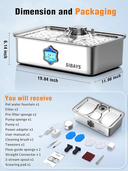 SIBAYS 4.5Gal/17L Dog Water Fountain for Large Dogs, Large Capacity Stainless Steel Pet Water Fountain, Automatic Quiet Dog Water Bowl Dispenser with Water Level & LED Light, Easy to Clean FS86
