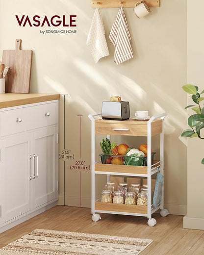 VASAGLE Storage Cart, 3-Tier Rolling Utility Cart with Table Top, Handles, 4 Lockable Casters, Top Drawer, Mesh Shelves, for Kitchen, Bathroom, Bedroom, Golden Oak and Cloud White ULRC048N01