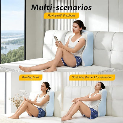 Ergonomic S Curve Reading Pillow for Sitting in Bed Adult- Back Pillow for Bed Sitting up with Adjustable Headrest- Memory Foam White, Blue