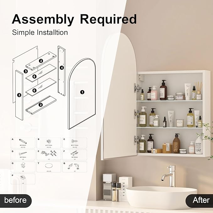 Arched Medicine Cabinet with Mirror, Brushed Nickel Mirror Cabinet with Storage