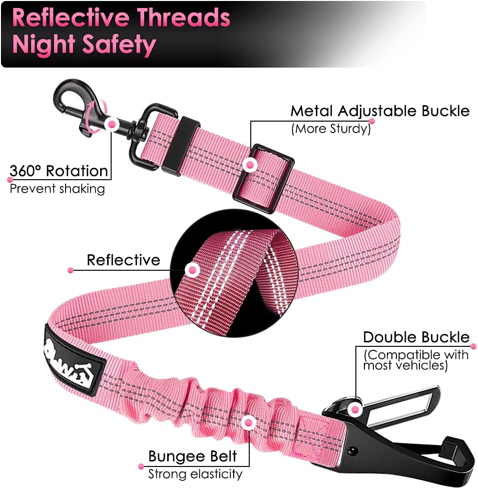SlowTon Dog Seat Belt, Adjustable Dog Safety Belt Leash, 2 in 1 Latch Bar Attachment Dog Car Seatbelt with Elastic Nylon Bungee Buffer, Reflective Nylon Belt Tether Connect to Dog Harness (Pink)