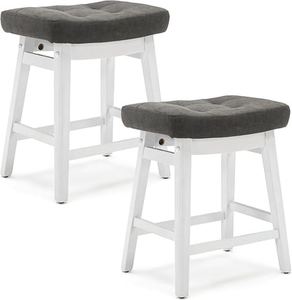 RNKSFX Counter Height Bar Stools Set of 2 for Kitchen Counter Farmhouse Modern Barstools with Faux Leather Upholstered Backless Seat and Solid Wood Legs 24 inch Bar Chairs, Grey + White