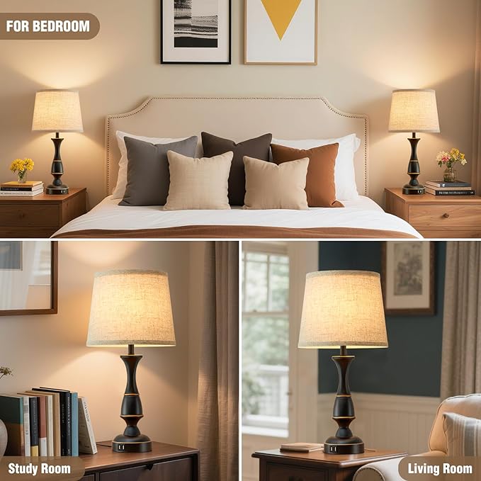 Luvkczc Touch Table Lamps Set of 2, 22" Tall Bedside Lamps with Dual USB A Ports, Dimmable Nightstand Lamps for Bedroom, Living Room, Office, Black Lamps with Beige Lampshade, Bulb Included
