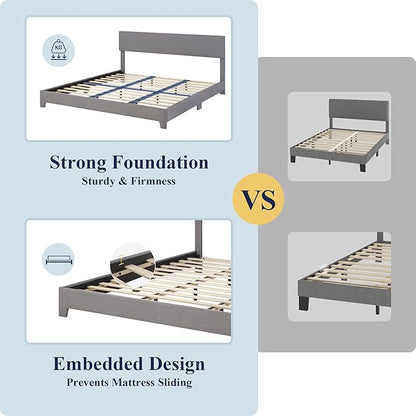 Allewie King Size Platform Bed Frame with Adjustable Upholstered Headboard, Strong Wood Slats, Heavy Duty Mattress Foundation, No Box Spring Needed, Noise-Free, Easy Assembly, Light Grey