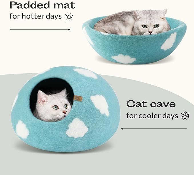 Cat Cave – Premium Felt Cat Bed Enclosure for Indoor Cats, Handmade Merino Wool (Cloud Nap Blue, Medium)