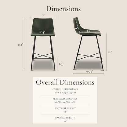Poly & BARK Paxton Leather Counter Stools 24 Inches – Set of 3 - Counter Height Bar Stools – Barstools for Kitchen Island or Counters – Faux Leather & Matte Black Steel Base – Distressed Green Velvet