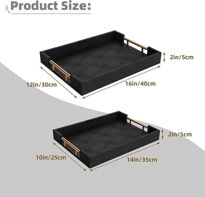 2 Piece Woven Leather Ottoman Tray with Gold Handles, Perfect Rectangular Serving Tray for Living Room, Coffee Table Tray as Thoughtful Gift for Home Decor Enthusiasts (Black)