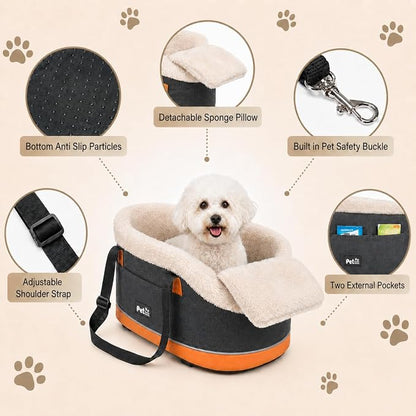 Pet Car Center Console Elevated Armrest Car Seat for Small Puppy, Dogs & Cats (Up to 10 lbs) – Dark Gray Washable Plush Carrier with Safety Leash, Fits Front Vehicle Console Space (Dark Grey)