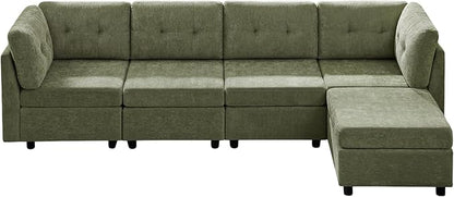 VANOMi 118" Cloud Couches for Living Room with Ottoman, 4 Seater Modular Sectional Sofas & Couches, Cozy Chenille Cloud Sectional Couch Sofa for Apartment, Office, Olive Green, L Shaped