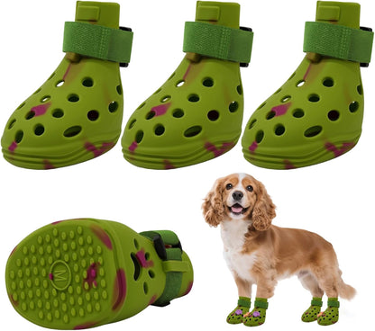 Dog Shoes for Hot Pavement, Adjustable Magic Tape Boots for Small, Medium & Large Dogs, Anti-Slip, Easy to Clean Paw Protectors for Beach, Outdoor & Hot Weather (Green M)
