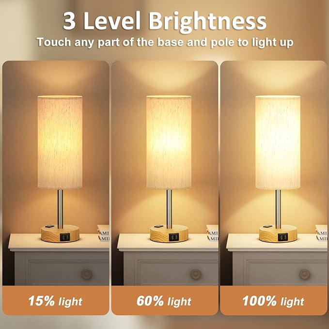 Fenmzee Small Touch Table Lamps Set of 2-3-Way Dimmable, USB A + C Charging, AC Outlet, Wood Grain Base, Bulbs Included