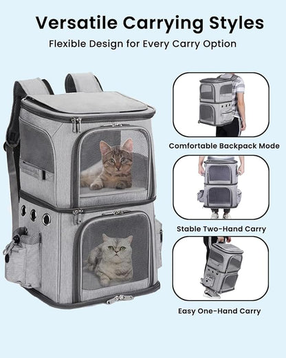 HOVONO Double-Compartment Cat Backpack Carrier for Mulit-Cat Families | Extra Large Pet Backpack Carrier for 2 Cats with Removable Divider and Breathable Mesh Windows for Hiking/Camping/Vet Visits