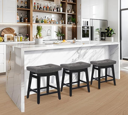 RNKSFX Counter Height Bar Stools Set of 2 for Kitchen Counter Farmhouse Modern Barstools with Faux Leather Upholstered Backless Seat and Solid Wood Legs 24 inch Bar Chairs, Grey + Black