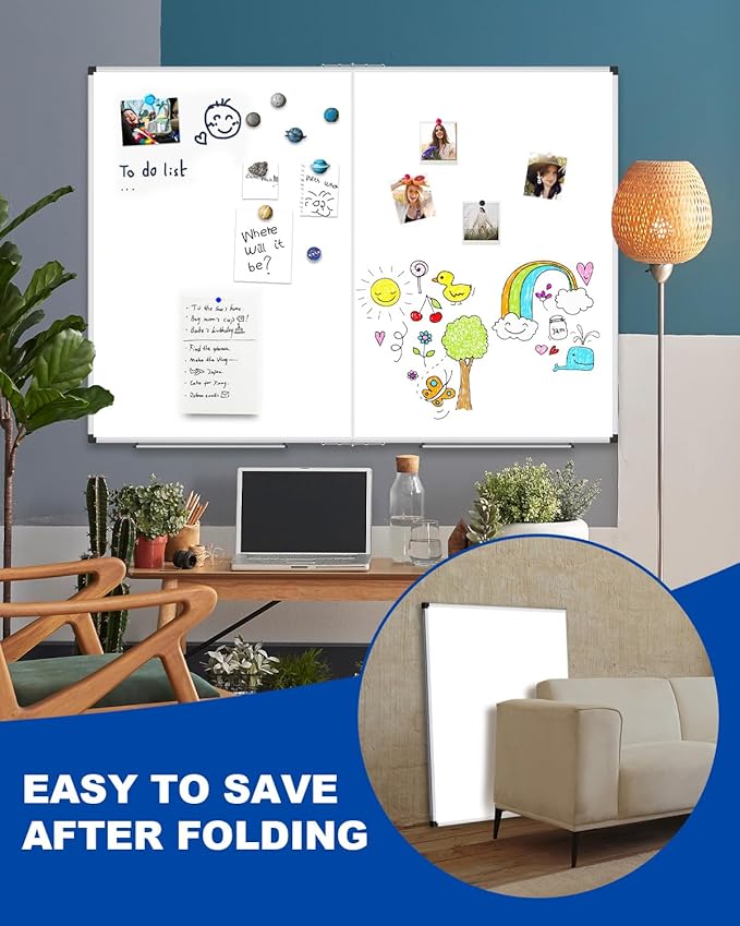 XBoard Magnetic Dry Erase Board 48 x 36 Inch, 4' x 3' Foldable White Board for Wall with Marker Tray, Silver Aluminum Frame Folding Message Presentation Board