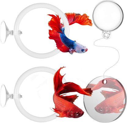 3Pcs Betta Fish Exercise Ring and Mirror Set 1 Mirror with Floating Ball 2 Exercise Training Rings Toy Betta Ring Enrichment Toys Floating Mirrors Balls Resting Spot Fishing Tank Accessories for Fish