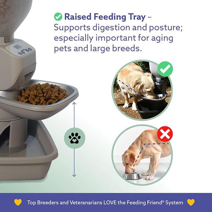 Feeding Friend® Automatic Dog & Cat Food Feeder with Water Dispenser – Smart Pet Feeder with Portion Control, OLED Display, Anti Jam Design, Battery Operated Dispenser for Medium Pets 15-30 lbs- Taupe