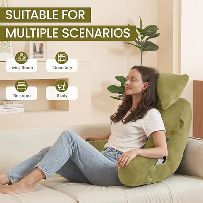 Unisakey Portable Reading Pillows with Headrest for Bed Sitting Up(Pale Green Oeko-Tex), Velvet Back Pillow with Arms & Pockets for Adults, Support Memory Foam Bed Pillow for Dorm/Watching/Gaming