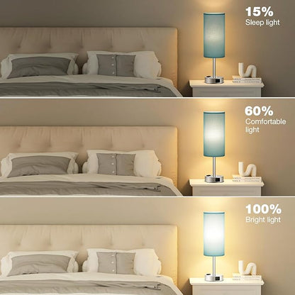 Fenmzee Turquoise Nightstand Table Lamp for Bedroom - 3 Way Dimmable Touch Lamp USB A and C Charging Ports and AC Outlet, Small Lamp for Office Desk with Metal Base, LED Bulb Included