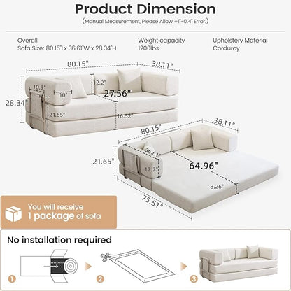 Folding Sofa Bed Convertable Corduroy Couch King Size Floor Sleeper 4-in-1 DIY Combination Modular Sofa Fold Out Futon Lounge Comfy Foldable Lazy cama for Living Room (Beige, 80.15'')