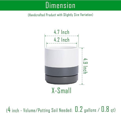 D'vine Dev 4.7 Inch Ceramic Planter Pot, White Grey, 94-O-B-6 | Modern Cylinder Design, Drainage Hole & Saucer Included, Stable Structure, Elegant Home Accent