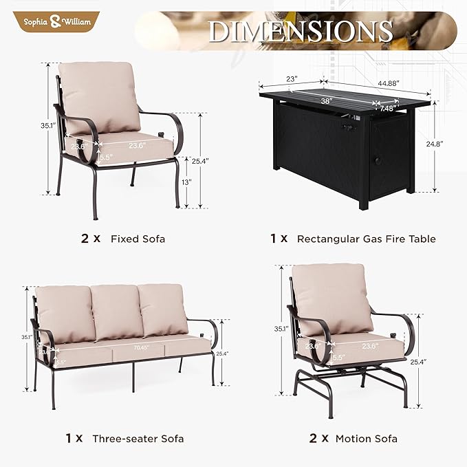 Sophia & William 6 Piece Patio Furniture Set with Fire Pit, Outdoor Conversation Sets 7 Seat Clearance with 45" Gas Fire Pit Table x 1, 3-seat Sofa x 1, Rocking Chair x 2,Cushioned Chair x 2, Beige