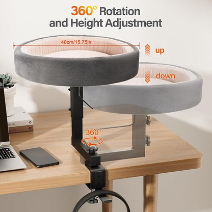 Cat Bed for Desk – Adjustable Metal Cat Bed with Headphone Holder, Scratch-Resistant Pet Shelf for Small Spaces, Modern Desk Cats Perch for Home/Office - Gray