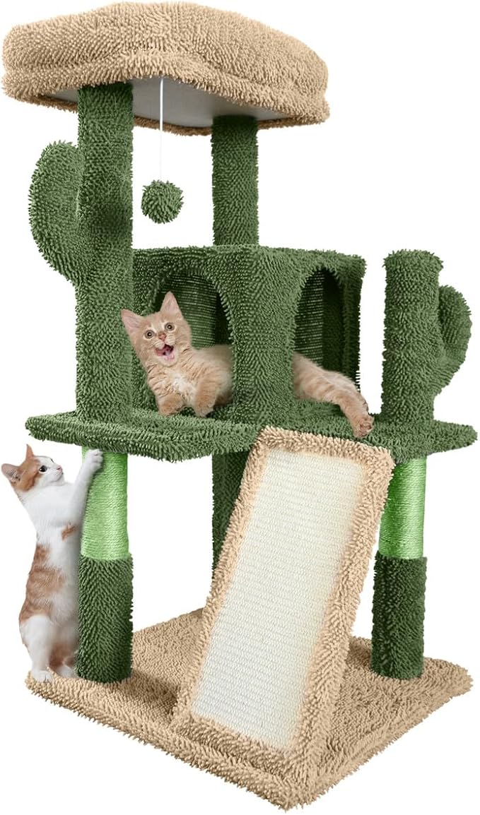 CAPHAUS Cactus Cat Tower for Indoor Cats, Cute 37-Inch Small Cactus Cat Tree w/Widened Perch for Large Cats & Kittens, Multi-Level Cat Activity Tree w/Scratching Posts & Ramp, 2-Door Cat Cave Condo