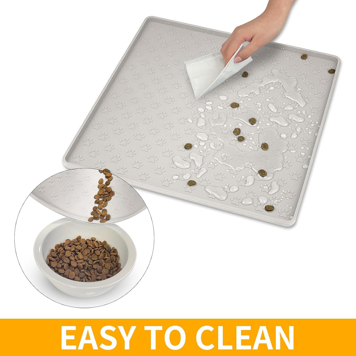Ptlom Dog Food Mat Anti-Slip Bowl Mats for Food and Water, Waterproof Silicone Pet Placemat with High Raised Edges, Non-Slip Puppy Feeding Tray for Small, Medium Large Cats Dogs, Cream, 11.8"x11.8"