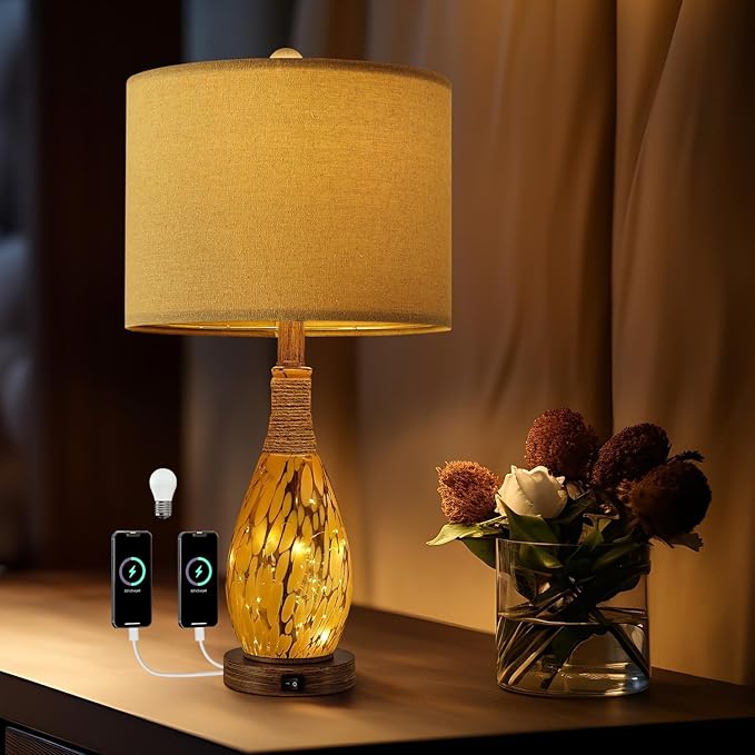 OYEARS 23" USB A+C Table Lamp for Bedroom Living Room Modern Bedside Lamps Retro Farmhouse Rattan Glass Nightstand Nightlight Lamps (Amber),Two Light Points
